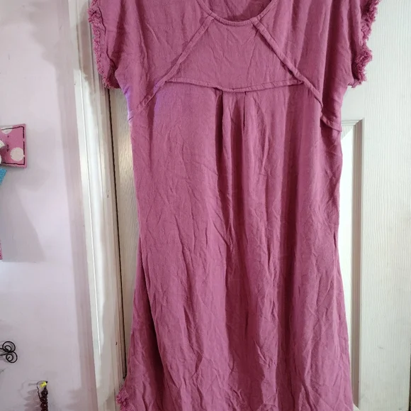 UMGEE Large Pink Dress Linen cotton blend Raw Hem Raglan short Sleeve - Picture 8 of 11